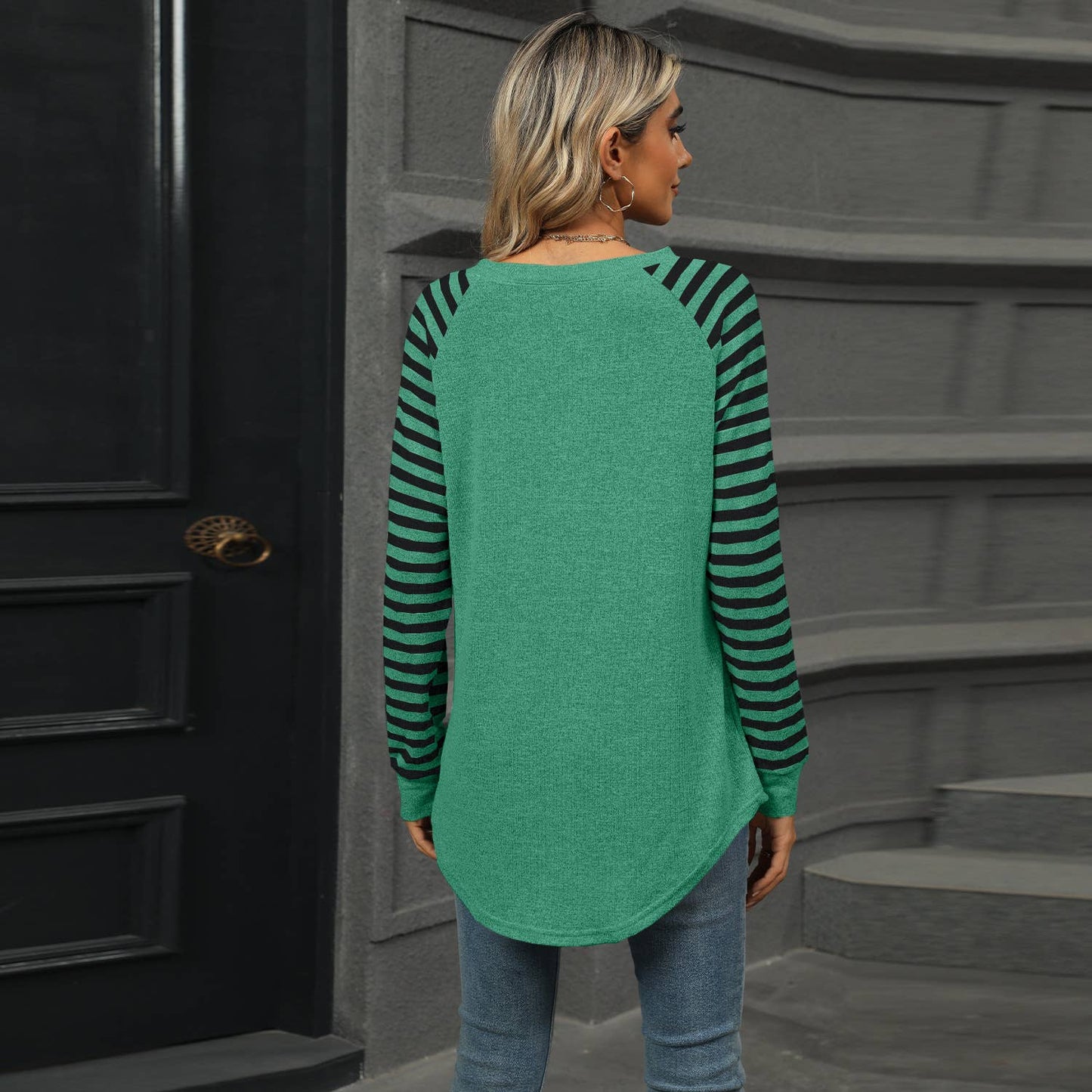 STRIPED PATCHWORK CREW NECK LONG SLEEVE T-SHIRT