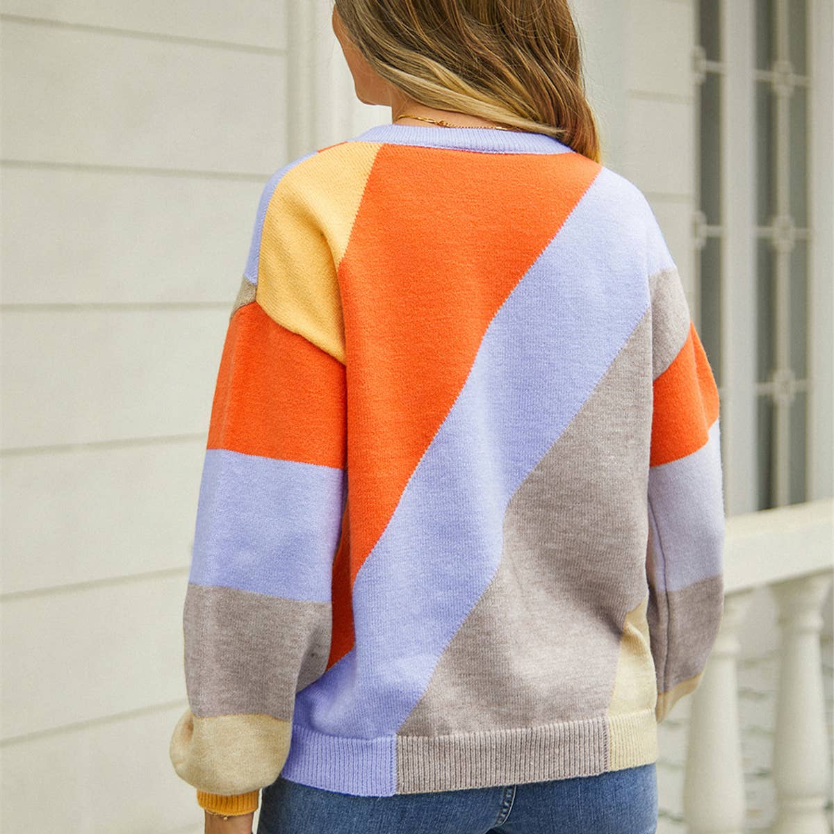STRIPED PATCHWORK STYLISH CREW NECK SWEATER