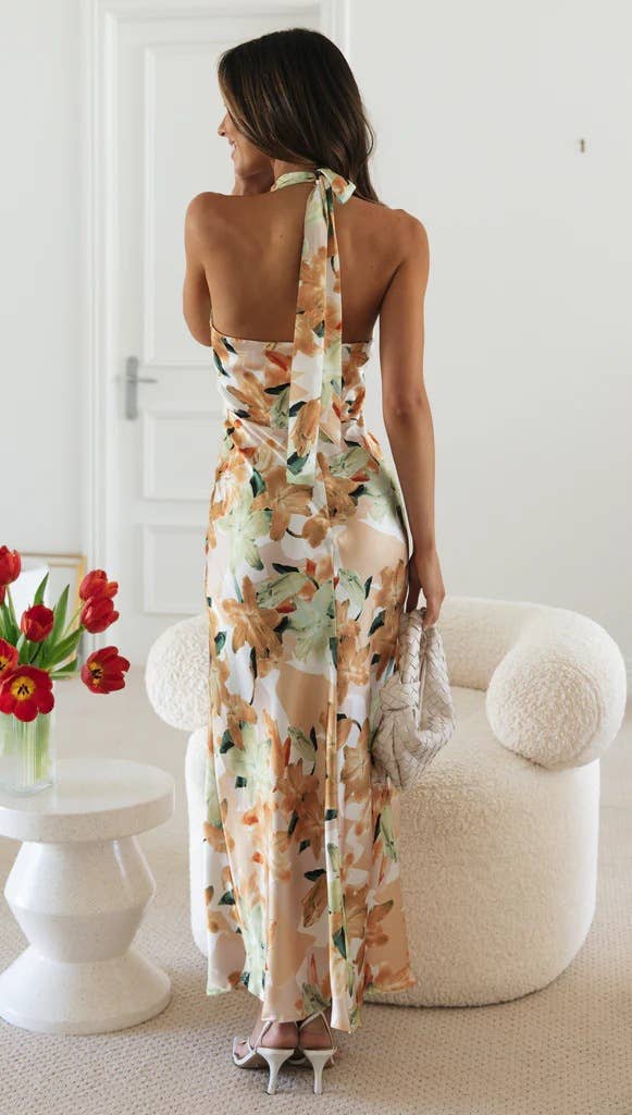 Lace-up,halter-neck,tie,backless printed dress