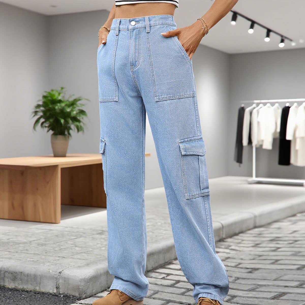 Washed semi-elastic waist denim workwear trousers