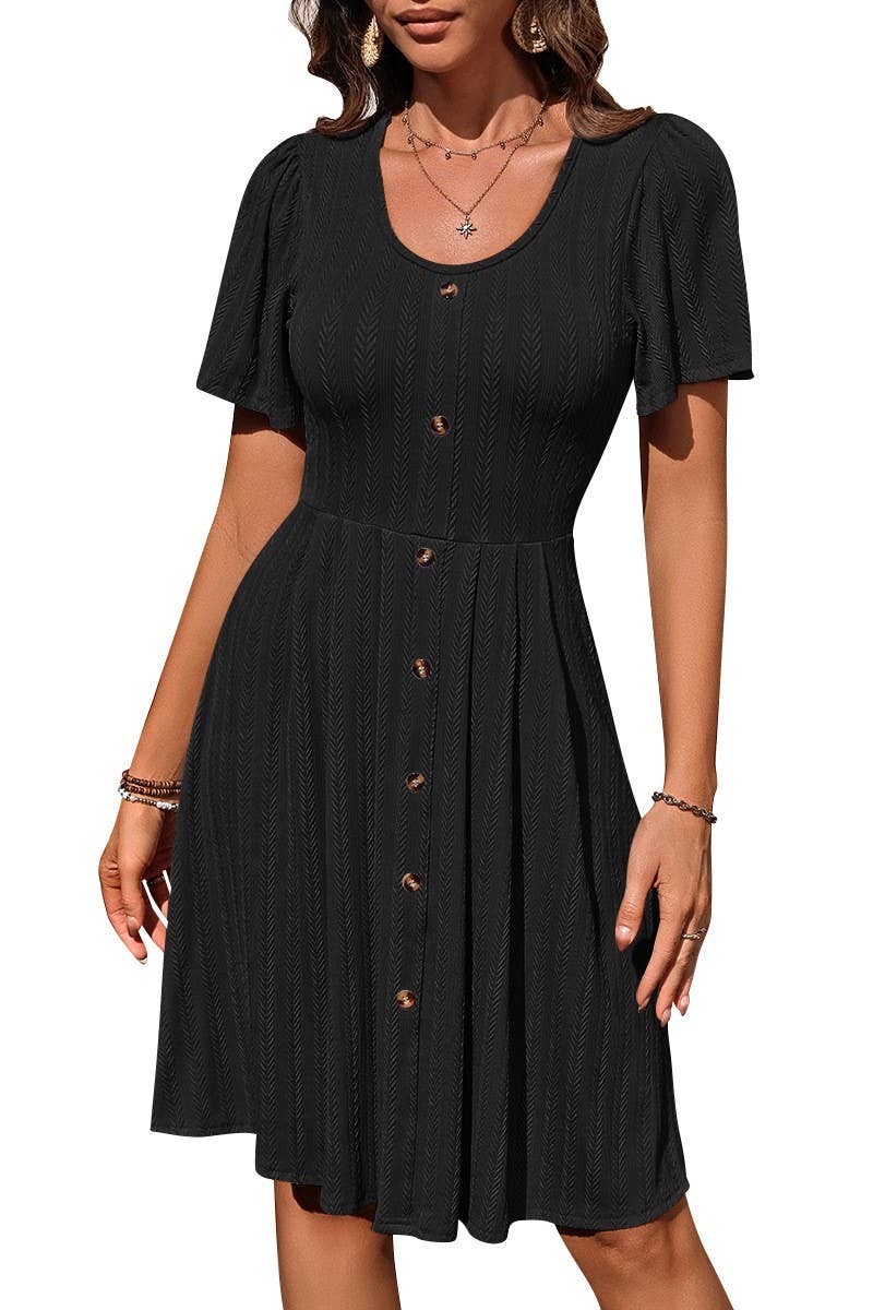 CWDSD6685_ROUND NECK BUTTON STRETCH SHORT SLEEVE DRESS