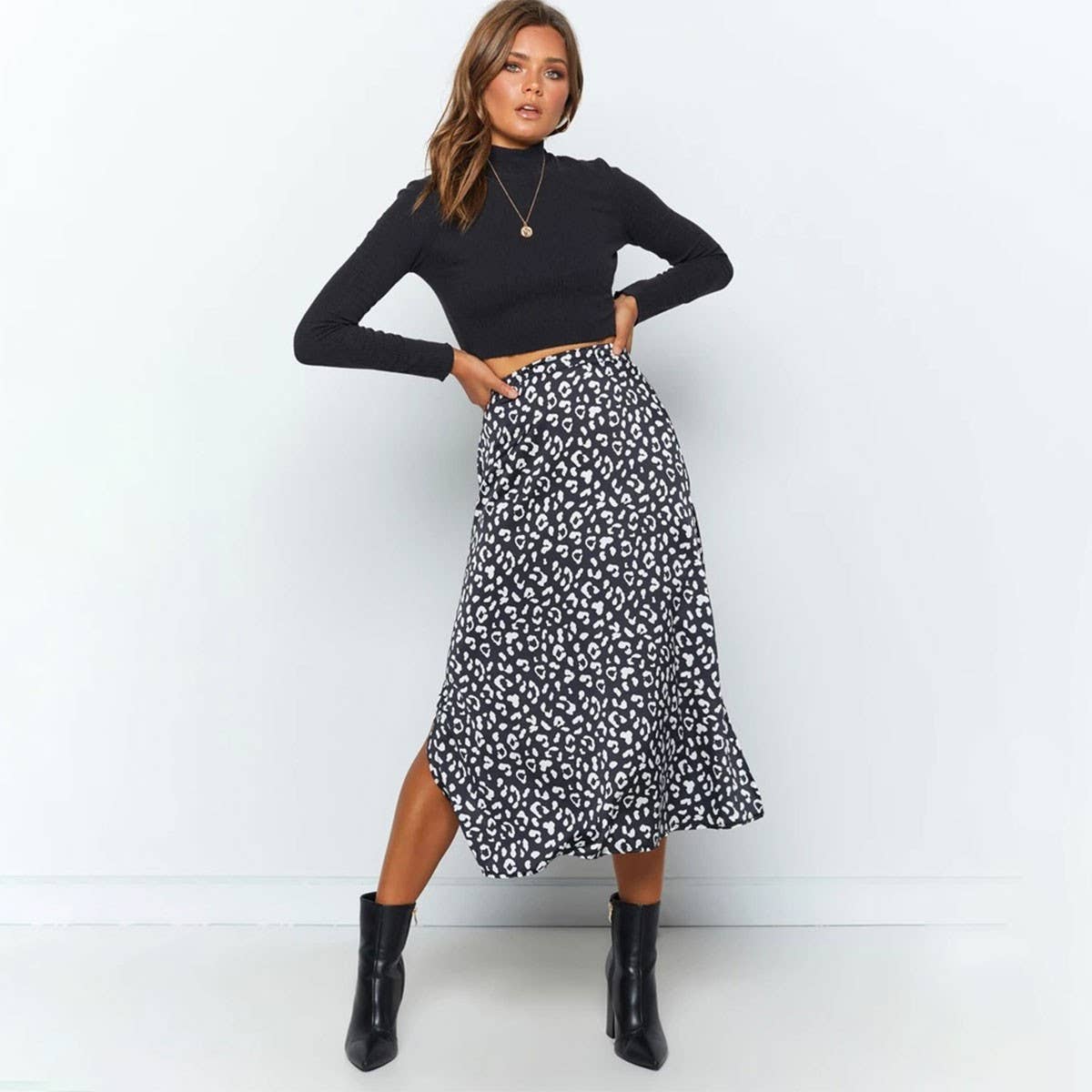 HIGH WAIST LEOPARD CHIFFON PRINT SLIT MIDI SKIRT