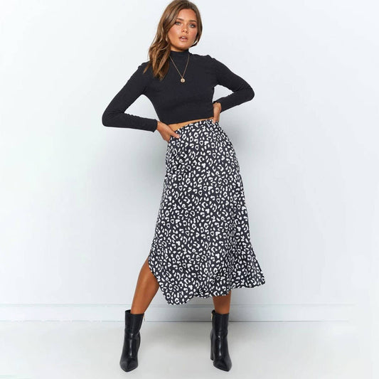 HIGH WAIST LEOPARD CHIFFON PRINT SLIT MIDI SKIRT