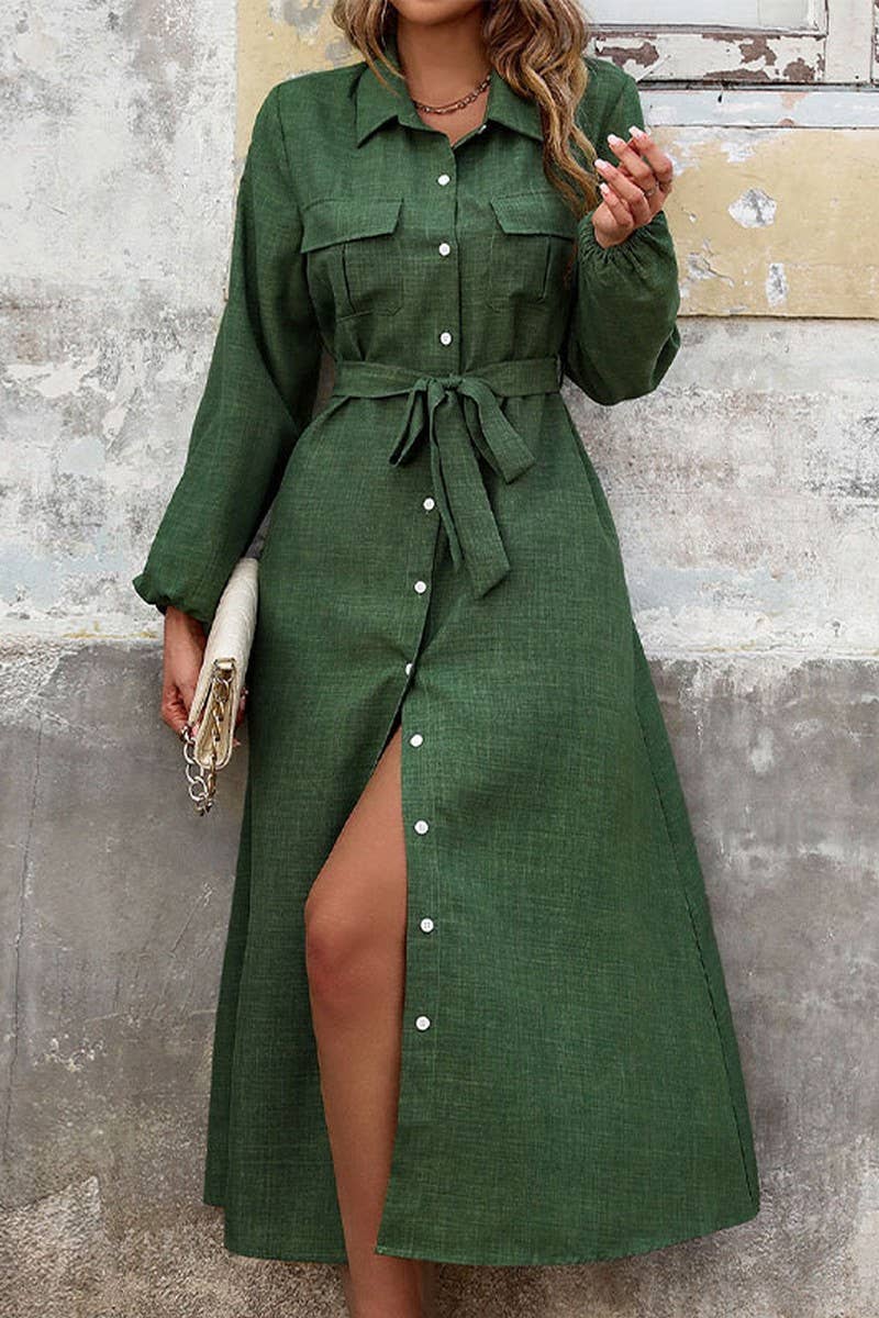 CWDMD3070_SOLID COLOR LAPEL TIE LONG SLEEVE DRESS