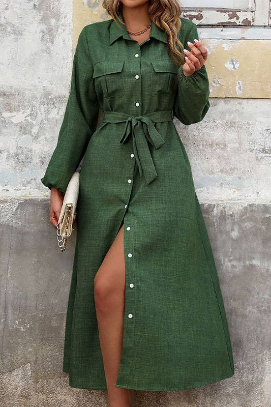 CWDMD3070_SOLID COLOR LAPEL TIE LONG SLEEVE DRESS