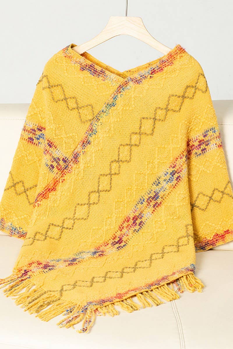 CWOSWS0095_COLORFUL STRIPED KNITTED FRINGE CAPE SHAWL