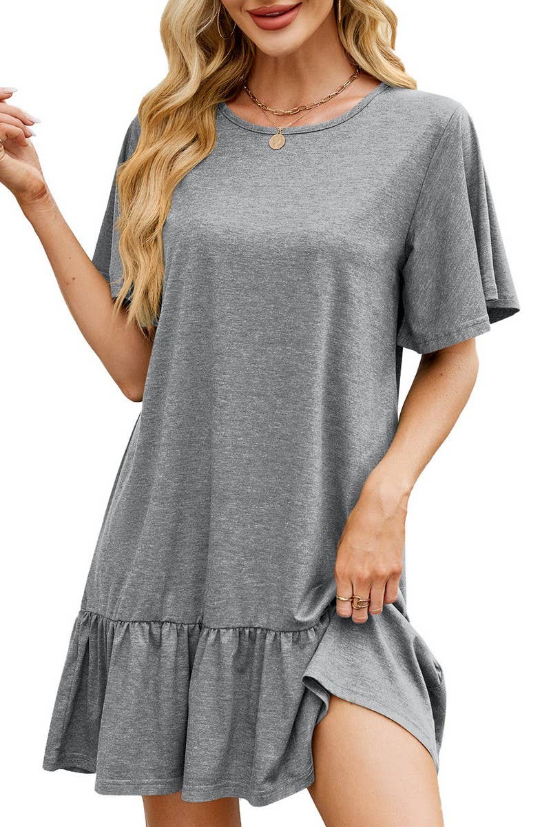 CWDSD7282_SOLID COLOR ROUND NECK LOOSE SHORT SLEEVE DRESS