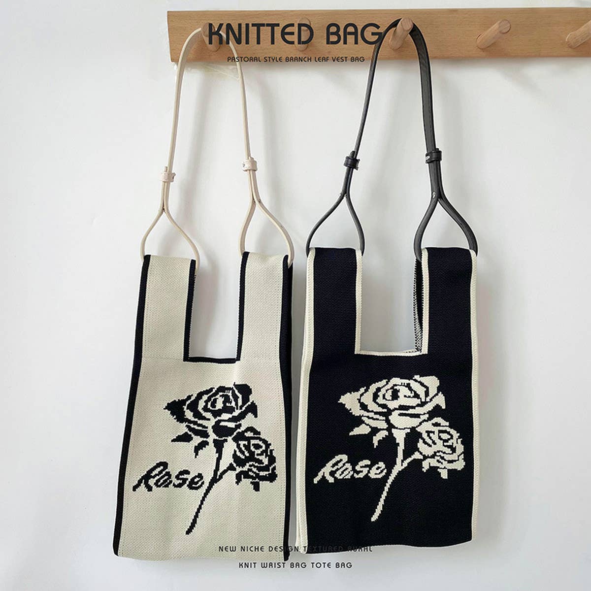 BLACK AND WHITE ROSE KNITTED SHOULDER TOTE BAG_CWAB1518