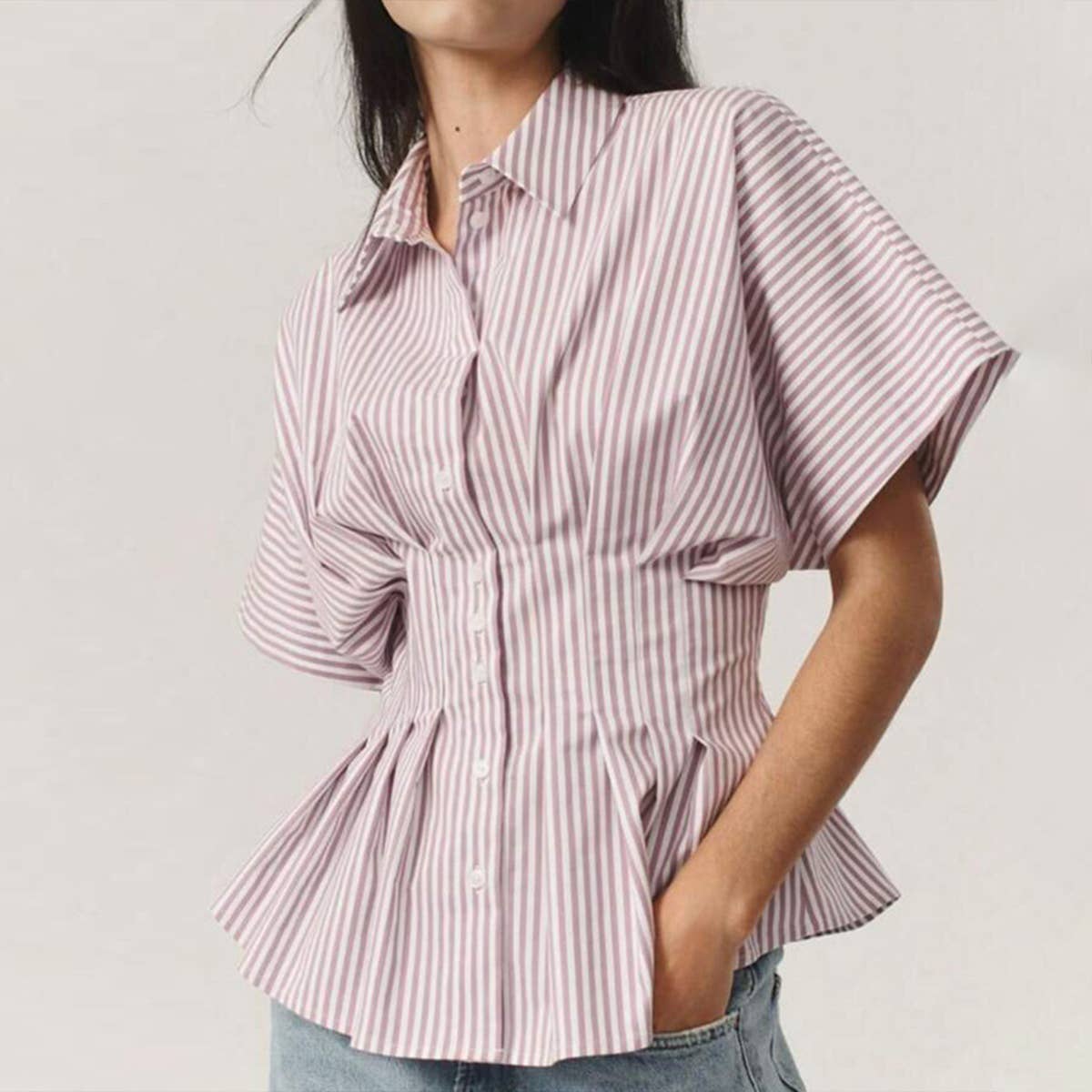 Versatile striped pleated cinched waist shirt