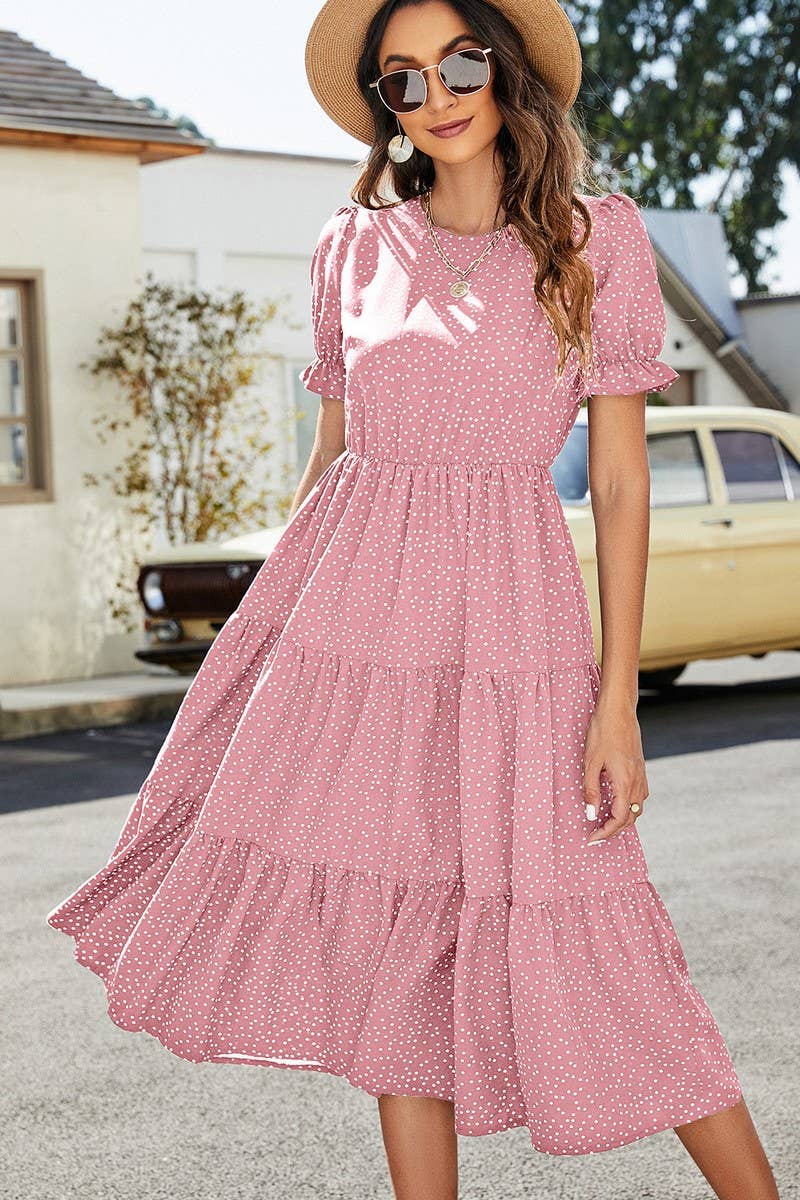 CWDMD1236_Round neck Tiered Detailed Short Sleeve Dress