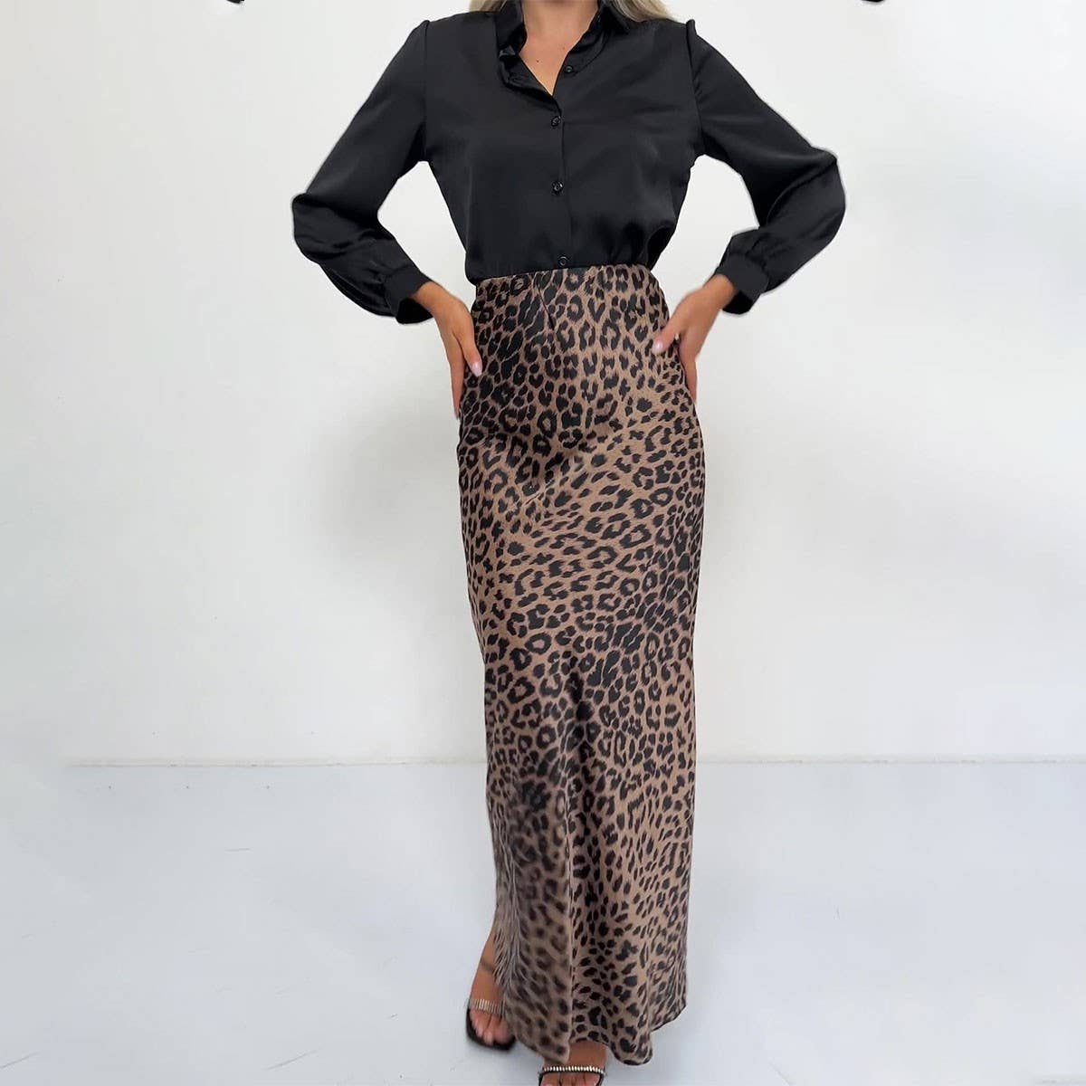 SATIN SKIRT SEXY LEOPARD PRINT MAXI SKIRT_CWAB4798