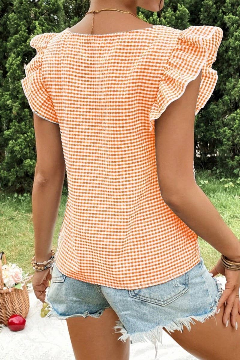 Cwtblsl0969_Plaid Ruffle Square Neck Blouse Top