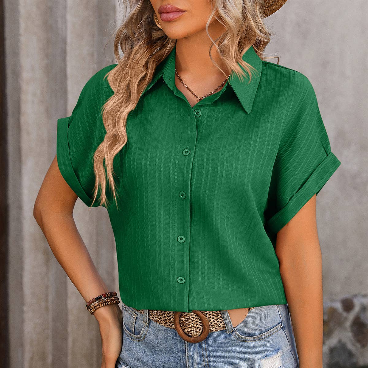 WOMEN'S CASUAL LOOSE BUTTON SHORT SLEEVED SHIRT_CWTBLS0455