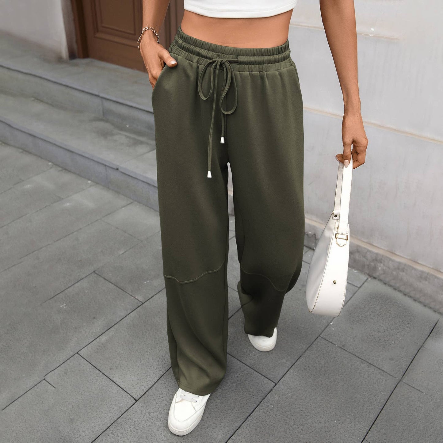 Stretch waist drawstring pocket wide leg pants