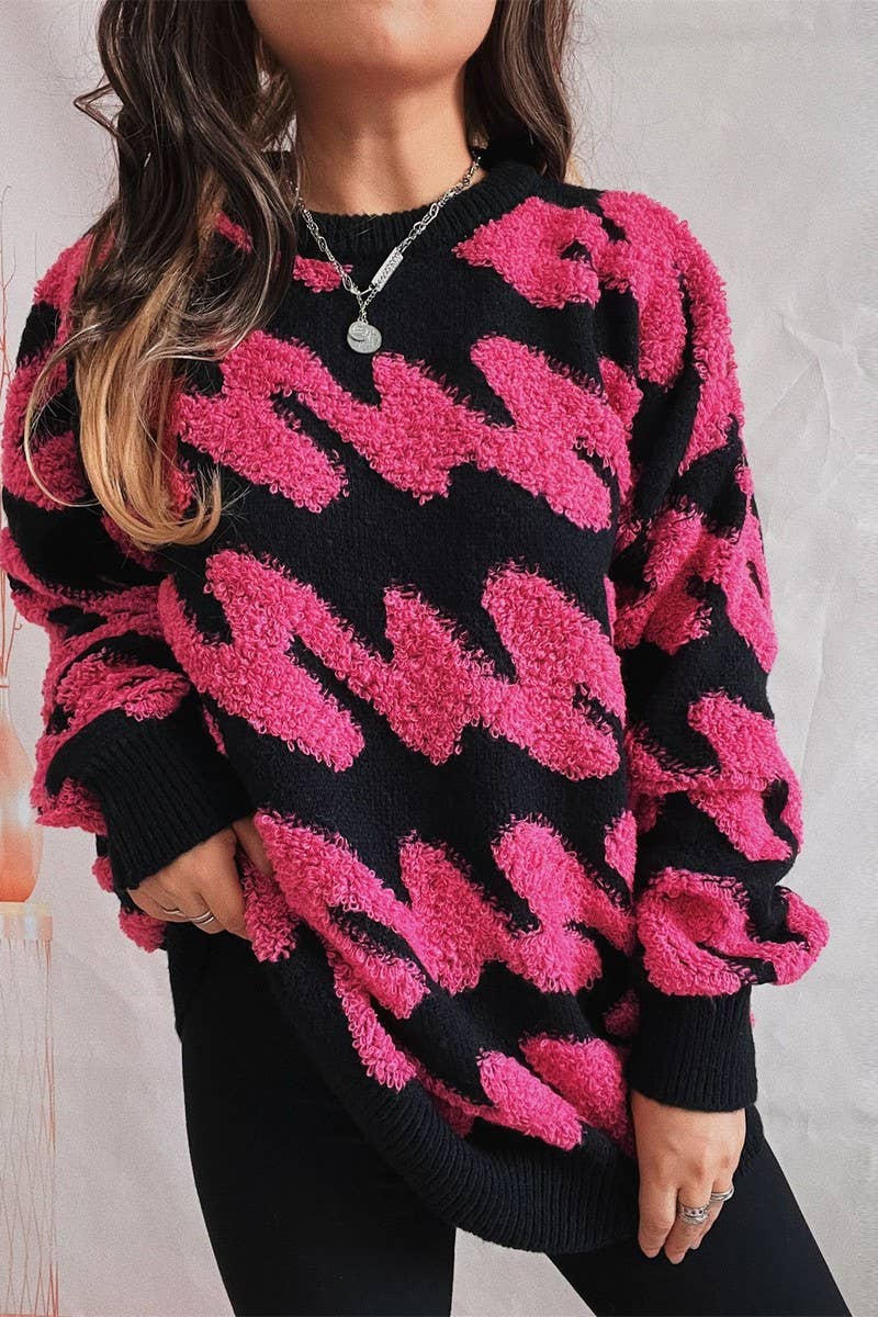 Long sleeve knit sweater with wavy stripes flocking