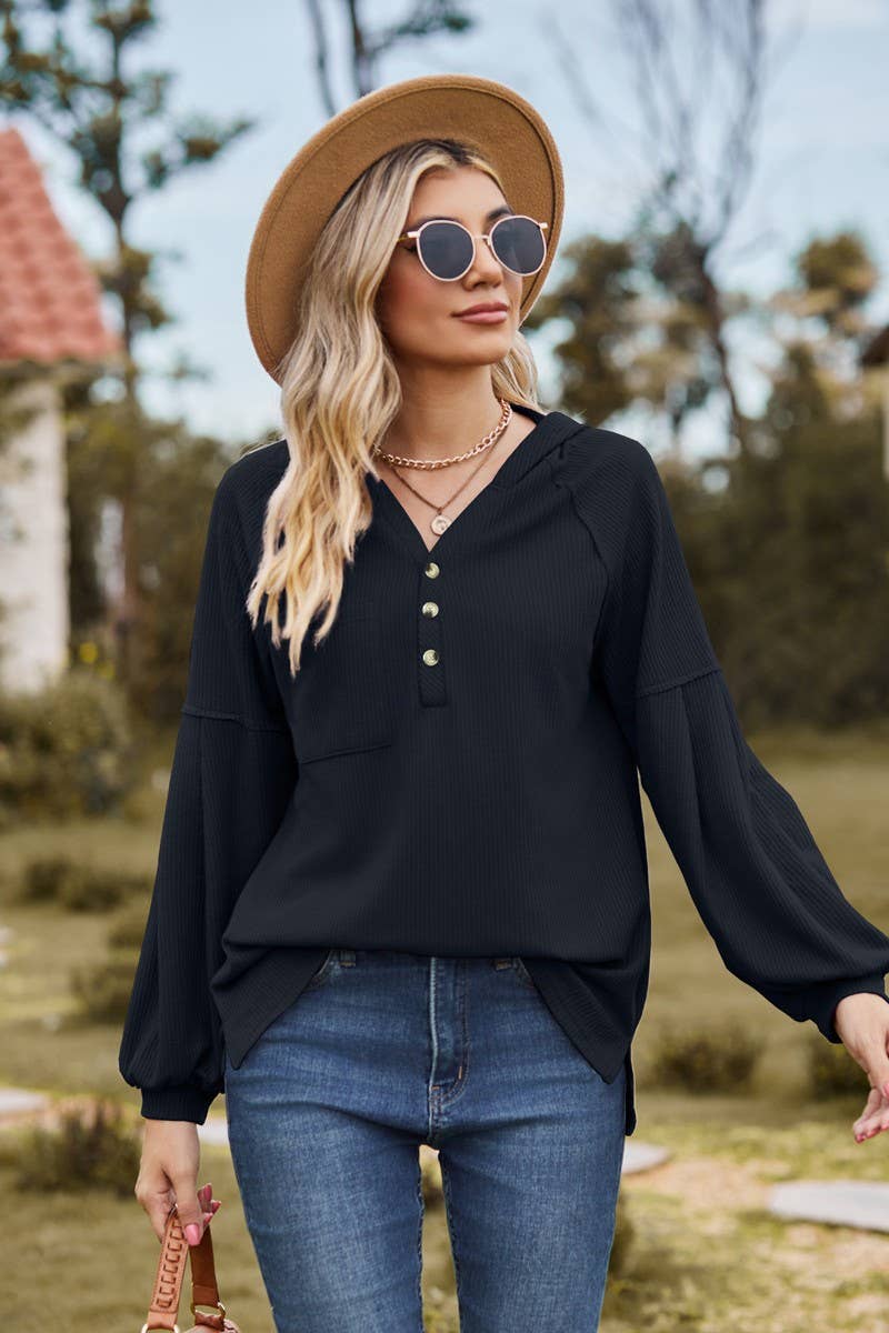 CWOHOL1095_NEW HOODED BUTTON LOOSE LONG-SLEEVED SWEATSHIRT