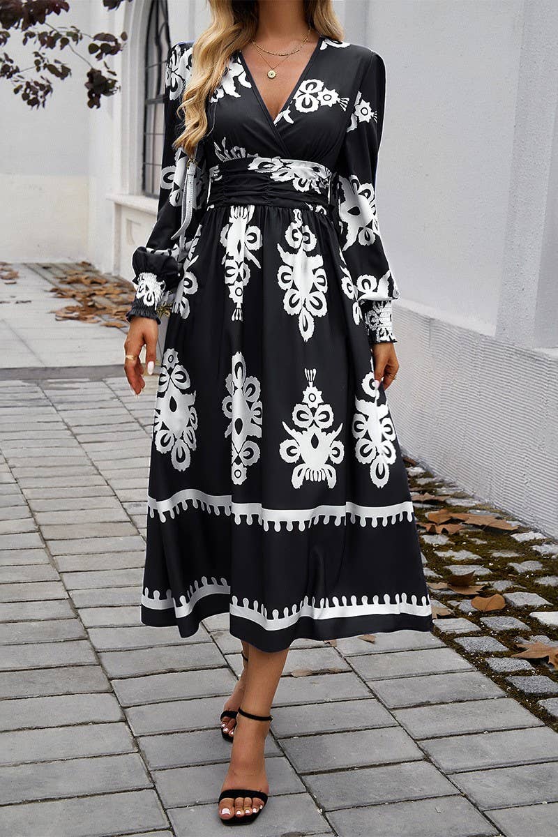 CWDMD4866_V-NECK ELEGANT CONTRAST COLOR LONG SLEEVE DRESS