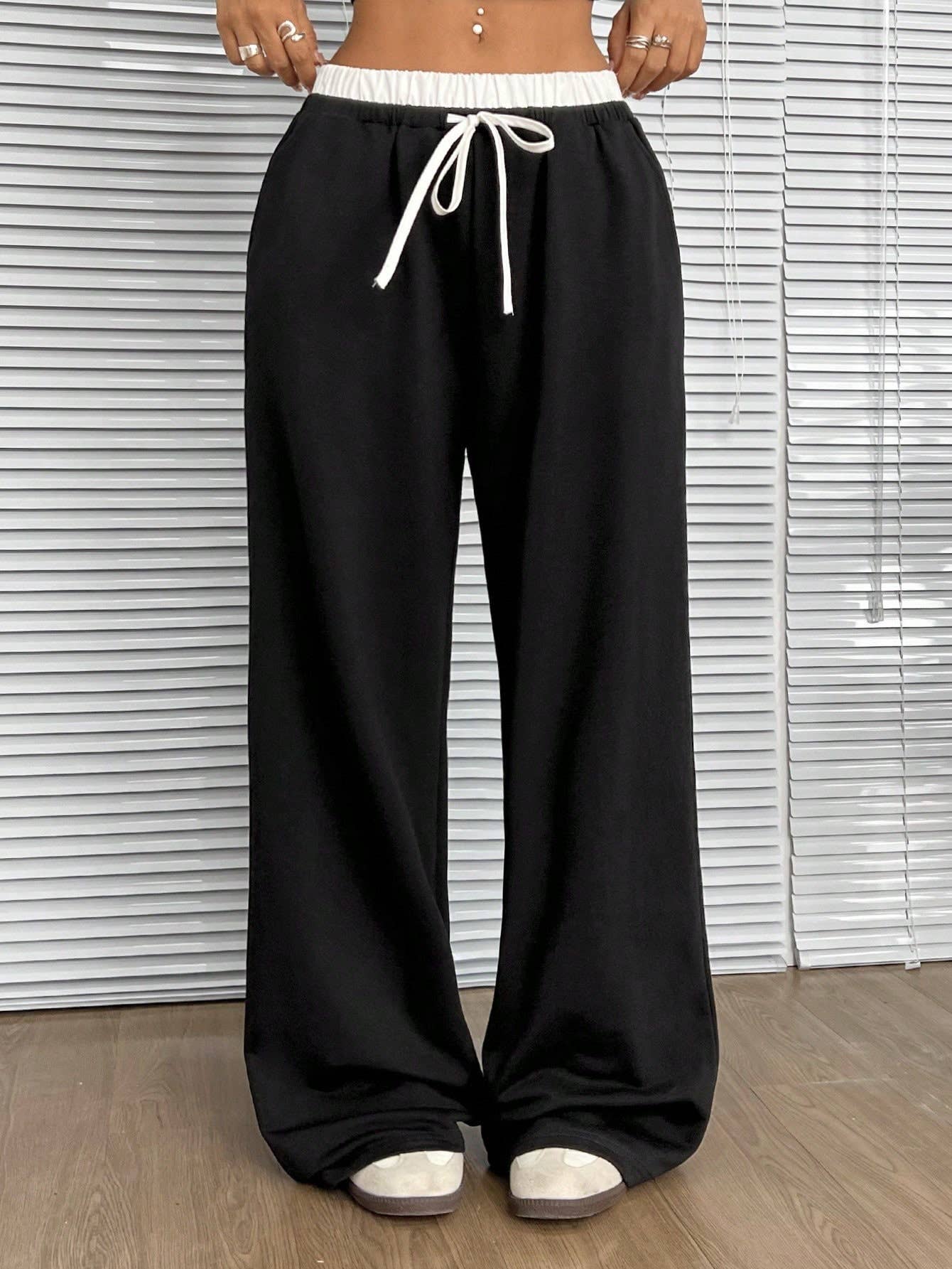 ELASTIC WAIST-LENGTH PANTS STRAIGHT-LEG SLACKS