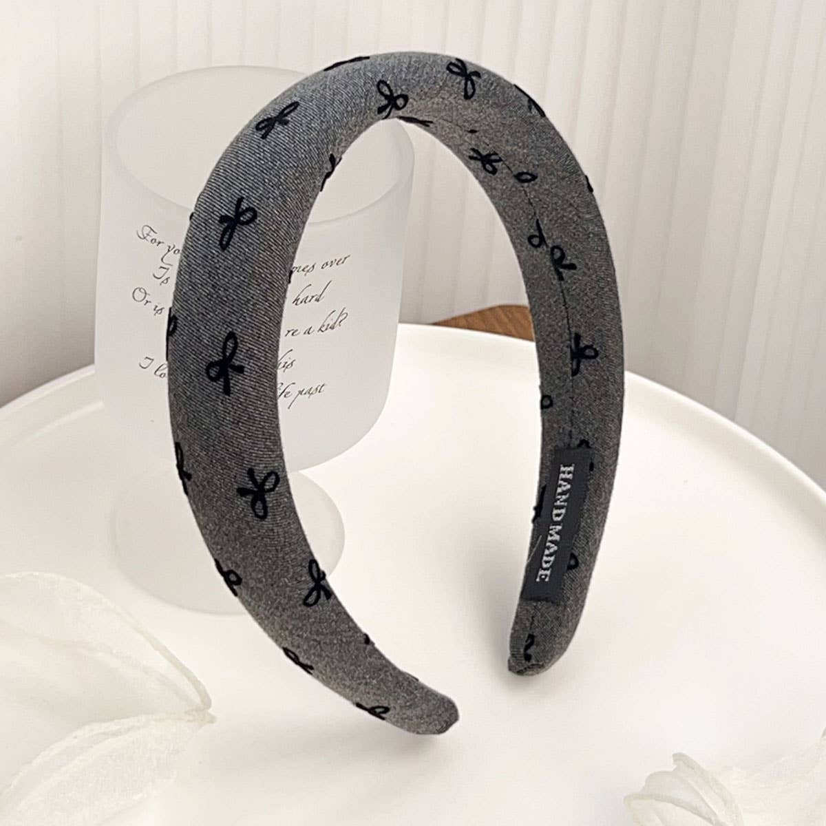 French bow denim style pleated fabric hair band