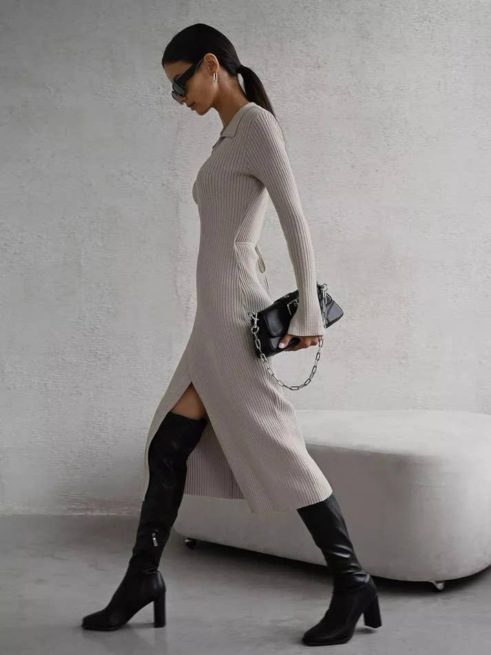 LACE-UP ONE-PIECE LONG-SLEEVED POLO NECK DRESS