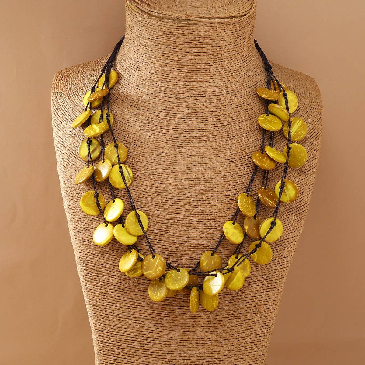 LONG COCONUT SHELL WOOD BEAD VINTAGE NECKLACE