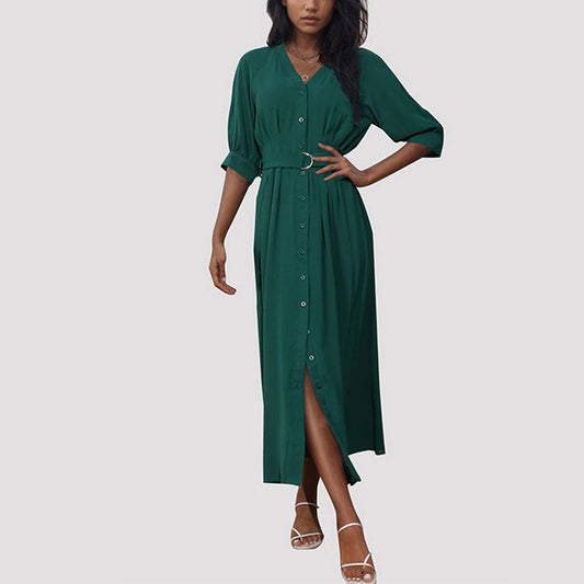 LONG MID-SLEEVED GREEN DRESS WITH BELT
