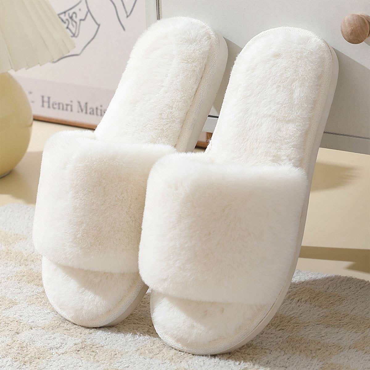 Faux rabbit fur slippers For Women