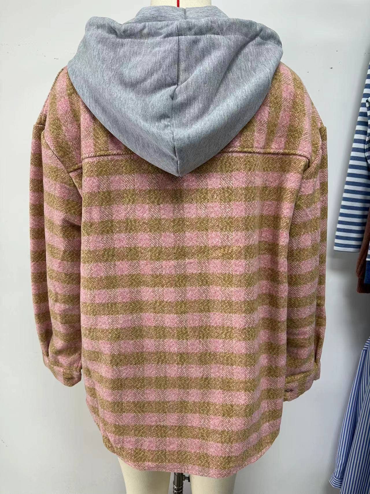 HOOD PLAID PATCHWORK SINGLE BREASTED WOOLEN COAT