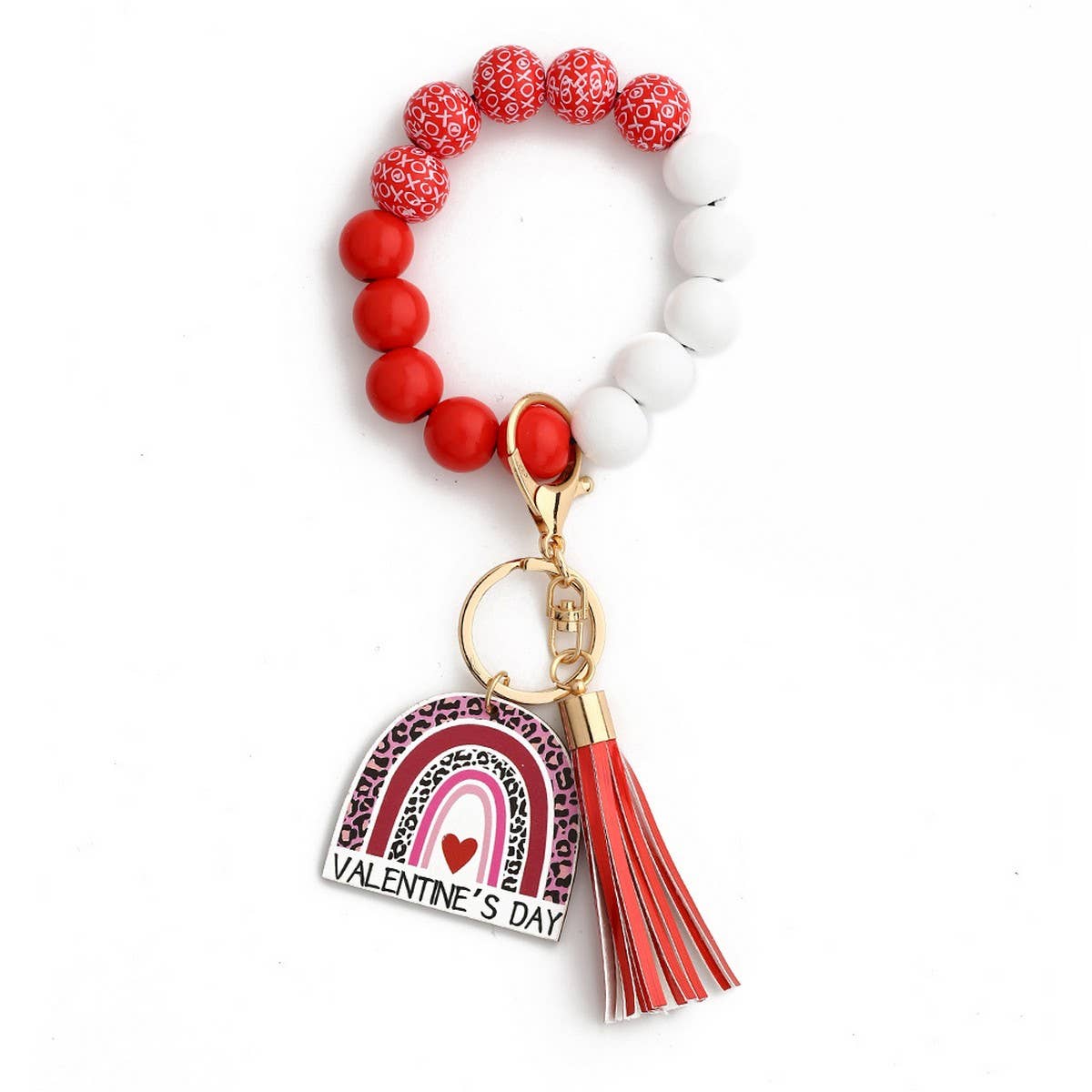 Heart Charm Wooden Bead Bracelet Keychain_CWAB5077