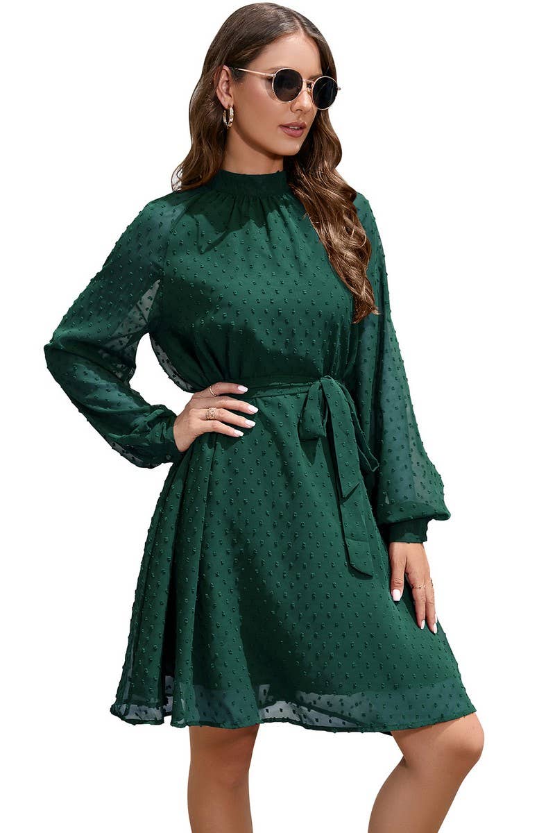 CWDSD5810_MID-NECK LONG-SLEEVED CHIFFON POMPOM BELT DRESS