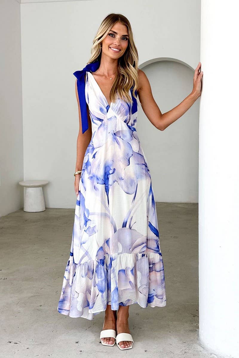 CWDMD5219_TIE-BACK V-NECK SLEEVELESS FLORAL MAXI DRESS