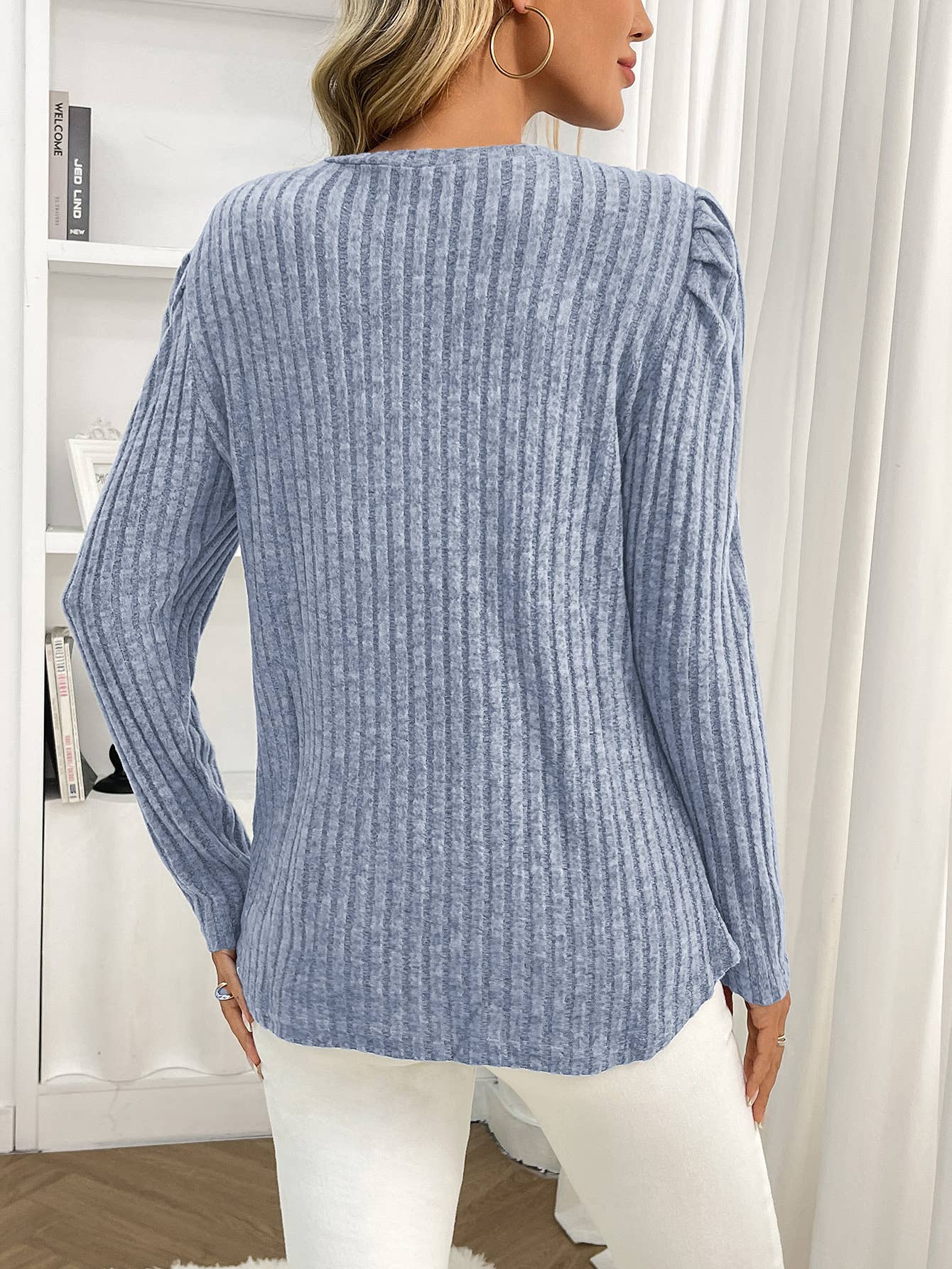 Round-neck puffed-sleeve brushed striped T-shirt