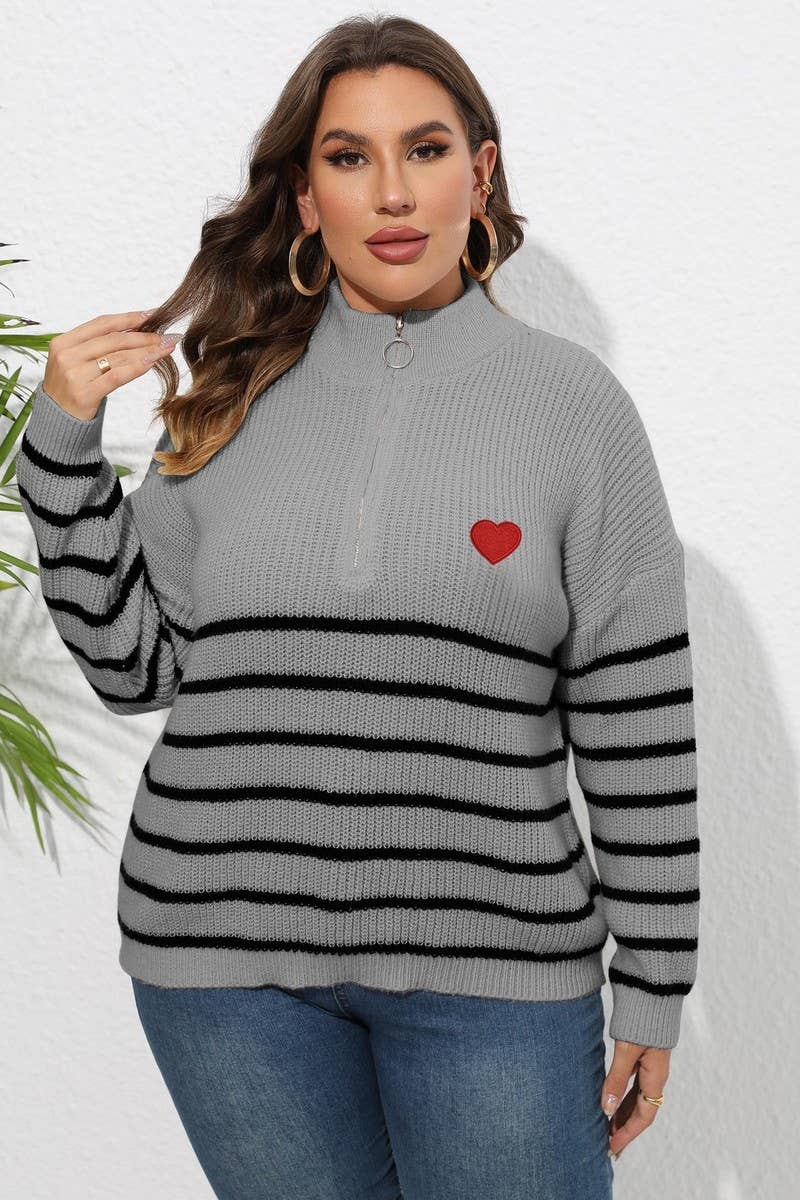 CWOSWL1593_PLUS Size Zip-Up Long Sleeve Pullover Sweater
