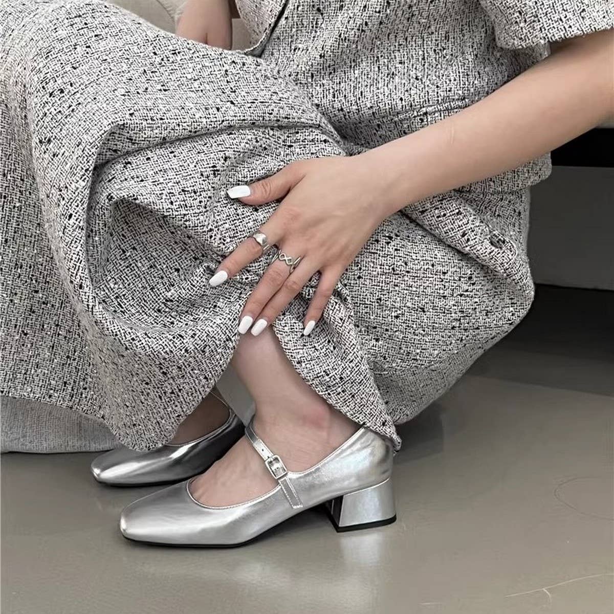 Silver Square Toe Chunky Heel Mary Jane Shoes