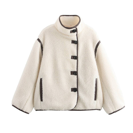 FASHION CASUAL LOOSE LAMB WOOL STAND COLLAR COAT