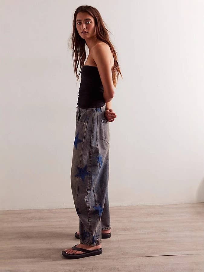 Low-waisted non-elastic washed embroidered jeans