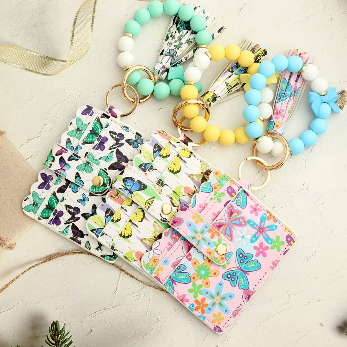 Butterfly Print Card Holder with Beaded Keychain_CWAB4960