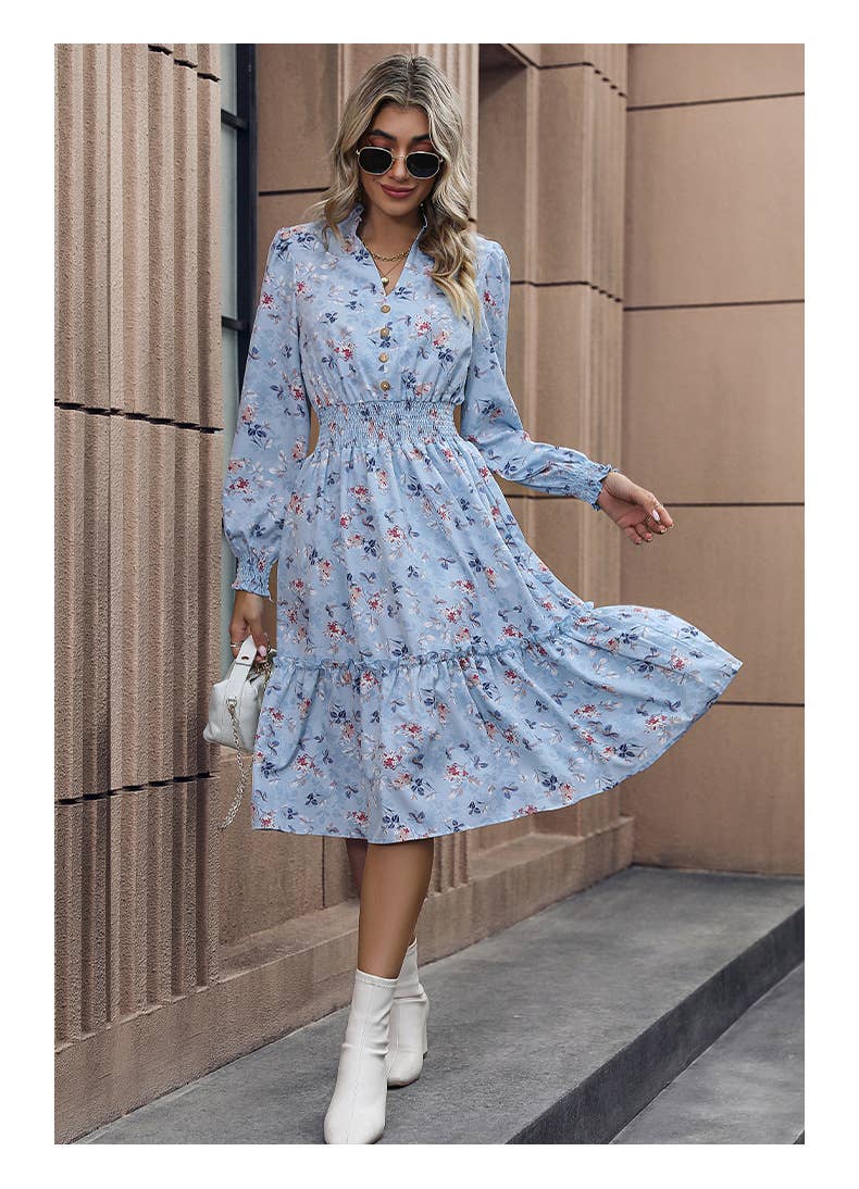 Long sleeve belted floral dress