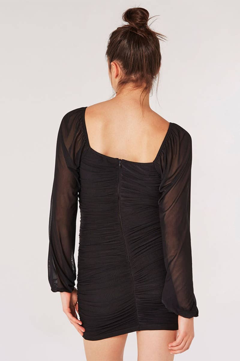 CWDSD4358_MESH LONG SLEEVE PLEATED BEADED DRESS SHORT