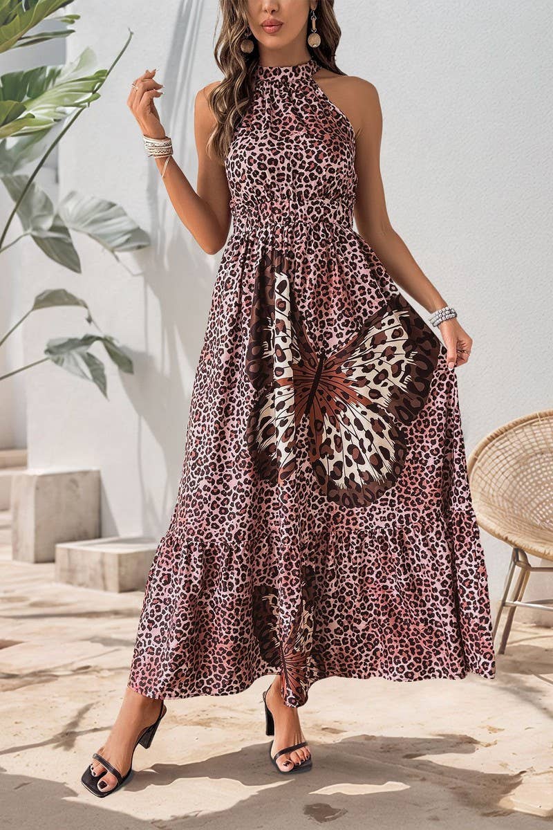 CWDHL0744_BOHO HALTER NECK BUTTERFLY PRINT LEOPARD DRESS
