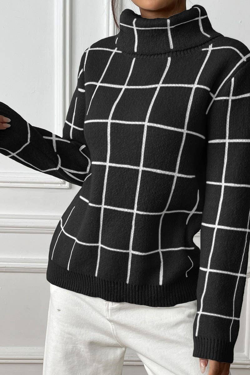 CWOSWL07336_WOMEN PLAID COLOR BLOCK TURTLENECK SWEATER