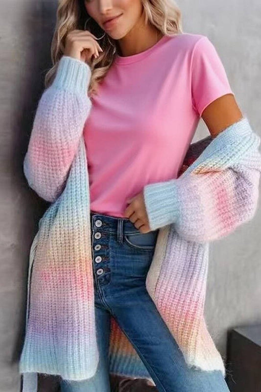 CWOCAL00805_RAINBOW TIE DYE LONG LOOSE KNIT CARDIGAN