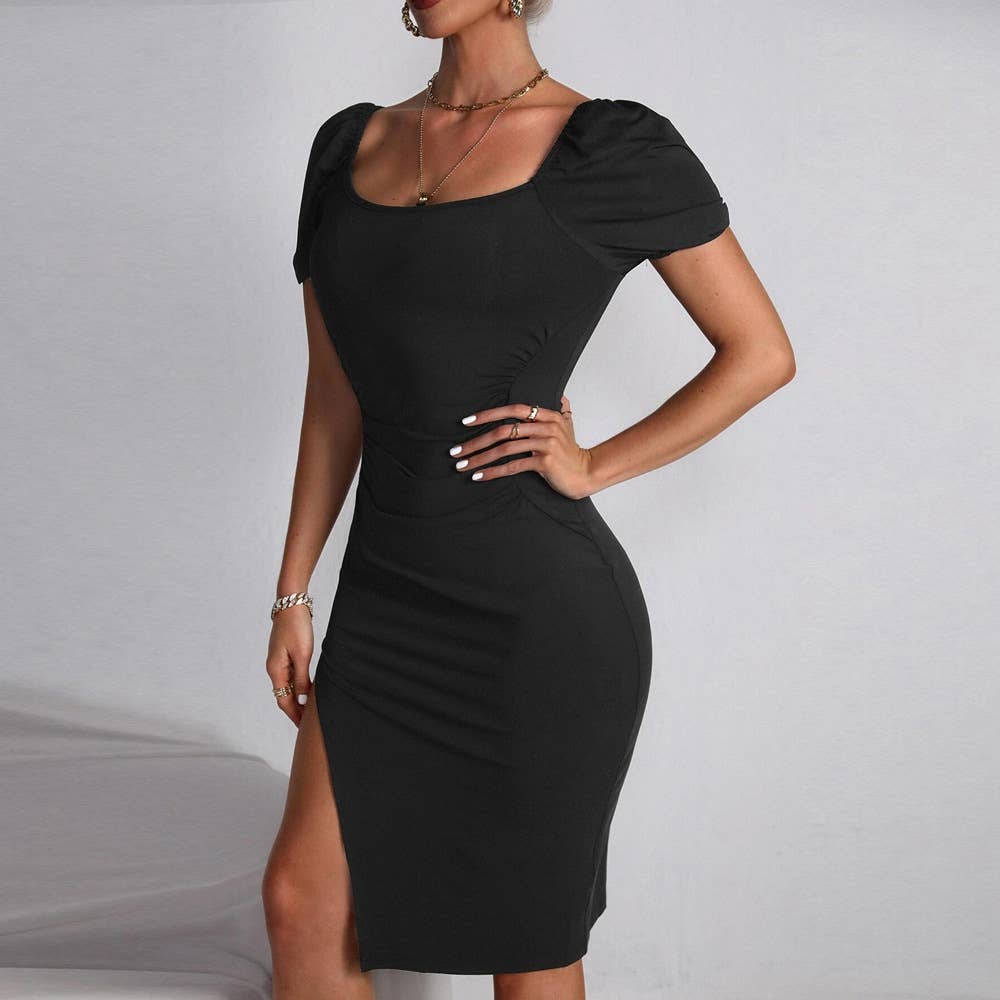 Square-neck pleated body-hugging knitted dress
