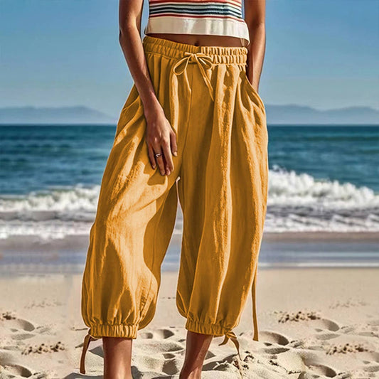 Stretched-waist cotton and linen nine-inch pants