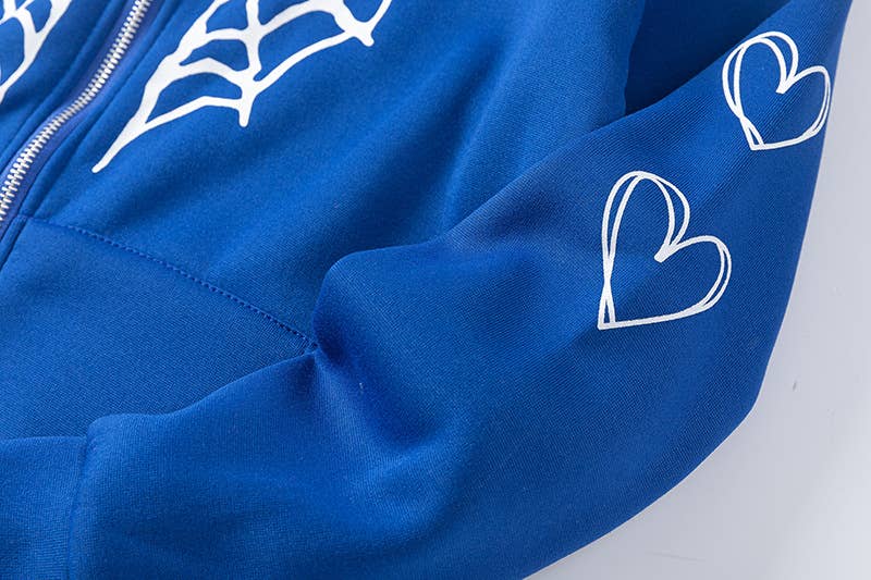 SPIDER WEB HEART ZIPPER FLEECE HOODED CARDIGAN