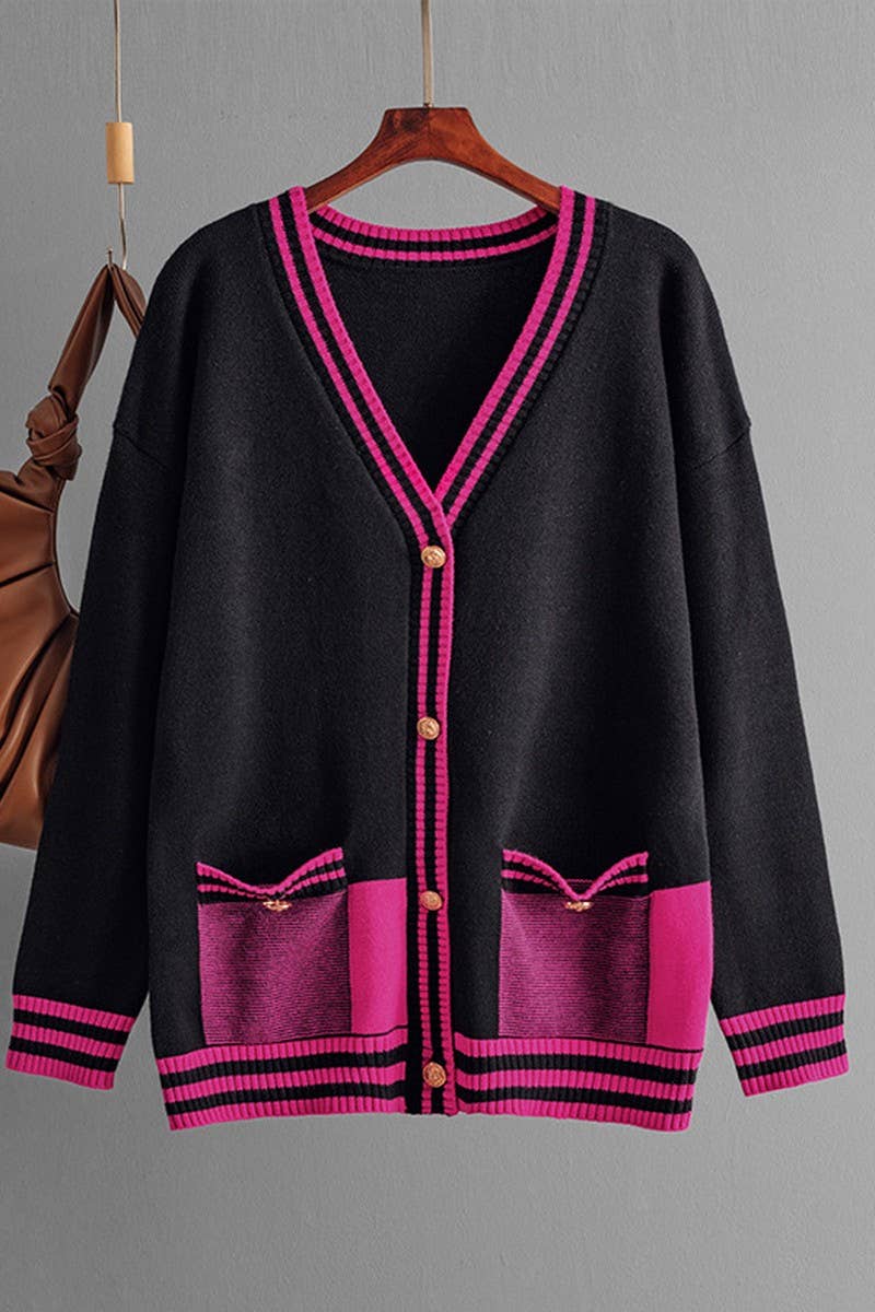 CWOCAL00677_COLORBLOCK V NECK LONGLINE LOOSE KNIT CARDIGAN