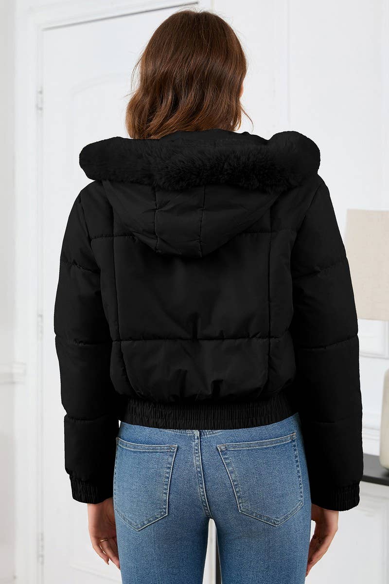 CWOCO0948_SHORT THICK FUR COLLAR HOODED PLUSH COTTON COAT