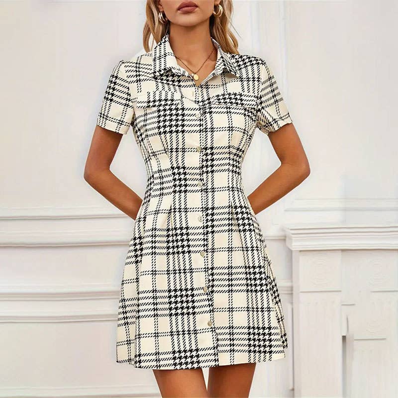 Waist thousand birds plaid short dress