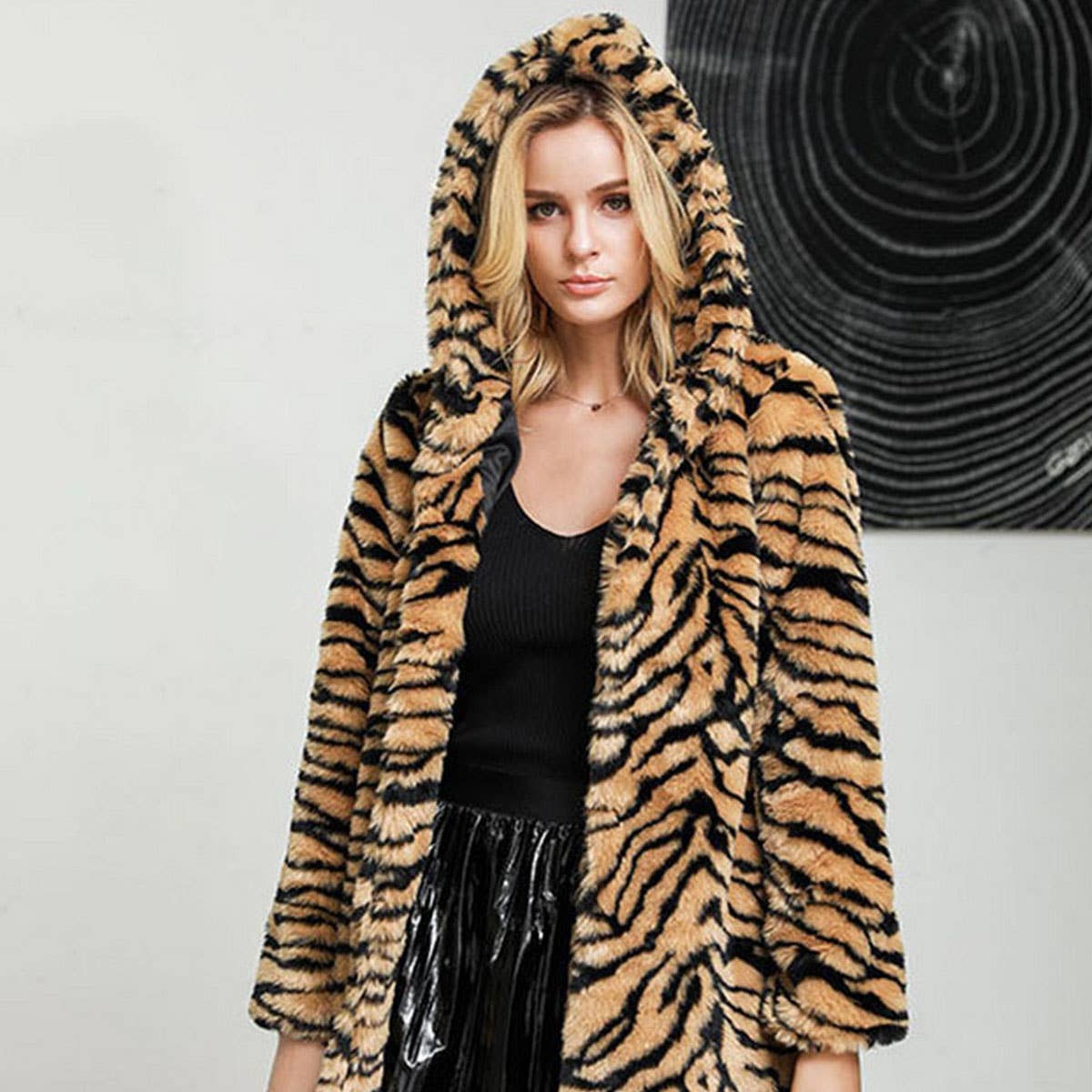 Thick Hooded Tiger Print Faux Fur Coat Women Mid