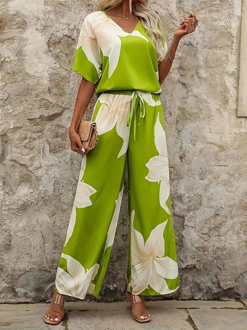 Printed fashion casual Top and long pants set